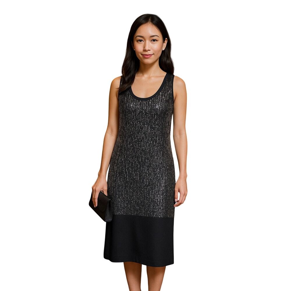 Eileen Fisher 100% Silk Sequin Shift Dress Black Sleeveless Lined Small Petite